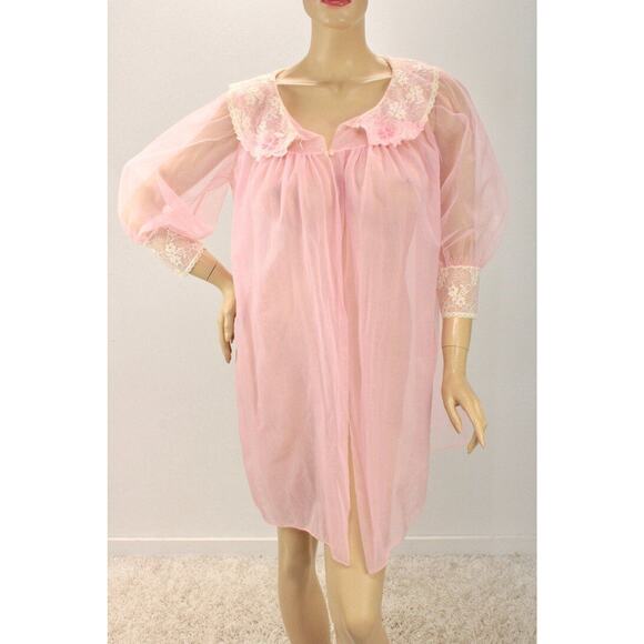 Vintage Movie Star Peignoir Robe Pink Nylon Chiffon M Blouson Sleeve USA - Picture 1 of 9